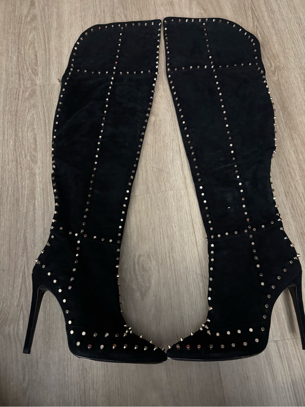 Jennifer Le Black Suede Studded Thigh High Stiletto Boots Size 39